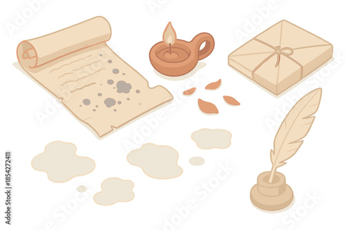 Nomadic Writer's Essentials. Isometric vector illustration set of Nomadic Writer’s Desk: ink-stained scroll, small clay lamp,