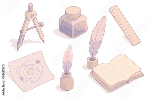 Cosmic Drawing Tools. Isometric vector illustration set of Cosmic Drawing Instruments: drafting compass, ink pot with galaxy