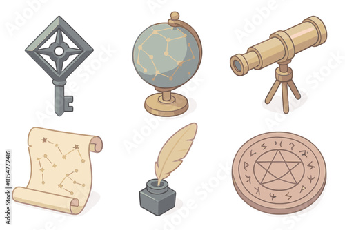 Arcane Astronomy Desk. Isometric vector illustration set of Arcane Astronomy Desk: obsidian compass key, celestial globe,