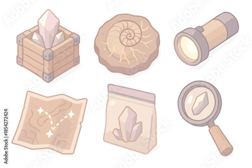 Star Fossil Expedition Icons. Isometric vector illustration set of Star Fossil Expedition: crystal excavation crate, fossil with