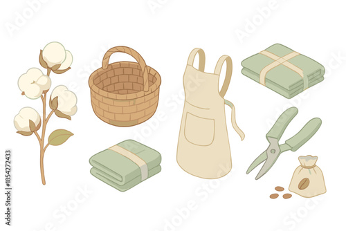Sustainable Textile Icons. Isometric vector illustration set of Sustainable Textile Farm: cotton plant branch, wicker harvesting