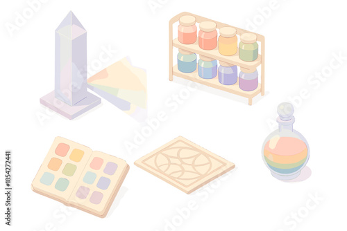 Color Archive Isometric Set. Isometric vector illustration set of Color Archive Hall: crystal prism tower, pigment jars on shelves