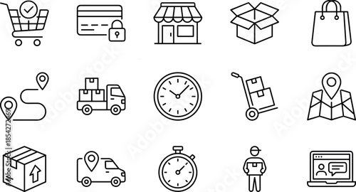E-commerce and delivery line icons set, logistics tracking, secure payment, retail store, shopping cart, courier vector elements