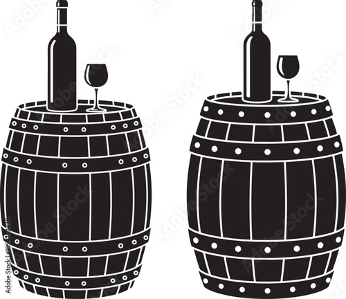 Wine barrel with bottle and glass set