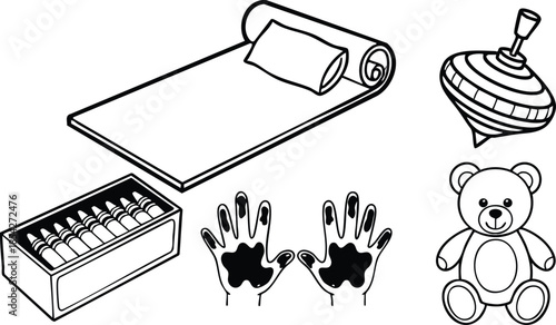 Line art top down view of children s playroom objects sleeping mat pillow spinning top crayon box hand prints teddy bear isolated nursery icon set monochrome