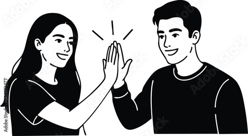 Line art close up smiling man and woman high five facing viewer in minimal black and white vector showing teamwork celebration casual shirts front view mood