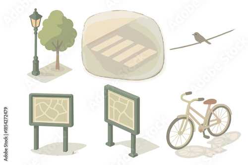 Quiet Morning Street. Isometric vector illustration set of Quiet Morning Street: lamp beside tree, cobblestone crossing, bird on