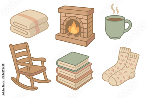 Cozy Cabin Essentials. Isometric vector illustration set of Cozy Cabin Interior: folded wool blanket, crackling fireplace, rocking