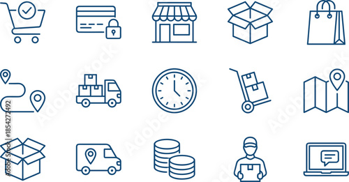 E-commerce and logistics line icons set, delivery tracking, secure payment, retail store, shopping cart, courier vector elements