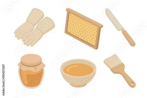 Honey Harvest Essentials. Isometric vector illustration set Honey Harvest Balcony: beekeeper gloves, open honeycomb frame, metal