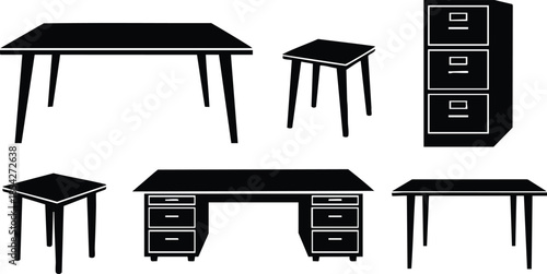 Flat design silhouette office furniture icon set showing rectangular desk with pedestal drawers stool and filing cabinet isolated on white front and top views minimal vector