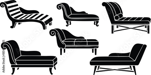 Flat design set of chaise lounge silhouettes side view arranged in row isolated on white background minimalist icon collection for furniture catalogs modern mid century decor