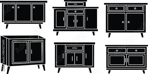 Flat design front view set of six mid century sideboards and cabinets isolated on white background minimalist vector silhouettes showing drawers doors wooden legs retro profile