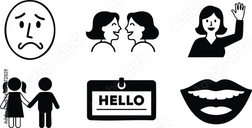 Flat design icon set of social emotion symbols showing sad face whispering conversation woman waving children holding hands hello name badge smiling lips simple minimal
