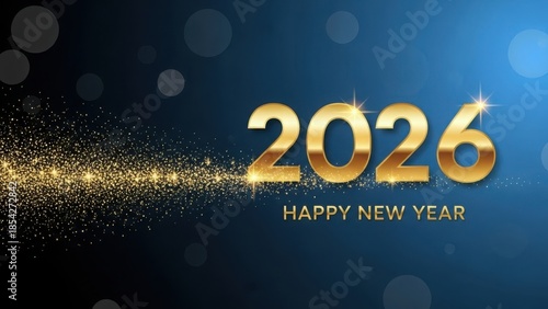 Happy new year 2026 with sparkling golden numbers and festive blue background