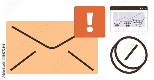 Large envelope with alert icon, shopping cart analytics chart, and restricted content symbol. Ideal for marketing, ecommerce, analytics, security, notifications restrictions updates. Simple flat