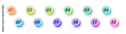 Bullet points numbers 1 to 12 list markers glassmorphism style for sequential processes, timeline, Infographic, process, annual highlights, progress
