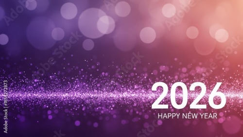 Sparkling new year 2026 celebration background with glowing purple particles and bokeh lights