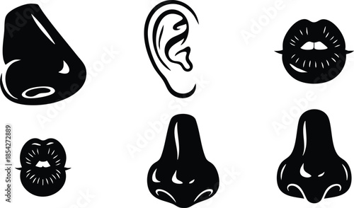 Flat design high contrast sensory organ icon set six silhouette noses ears and lips arranged in two rows on white background bold minimal centered monochrome vector