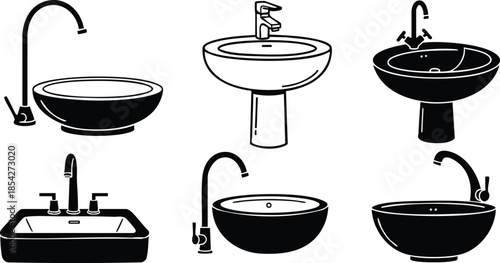 Line art icon set showing six bathroom sink and faucet silhouettes in black and white with round and rectangular basin shapes and pedestal and wall views