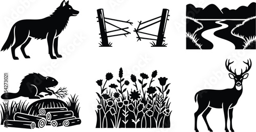 Silhouette icon set close up wolf standing left and bear attacking car with broken fence river landscape and thistle field deer standing minimal black vector illustration