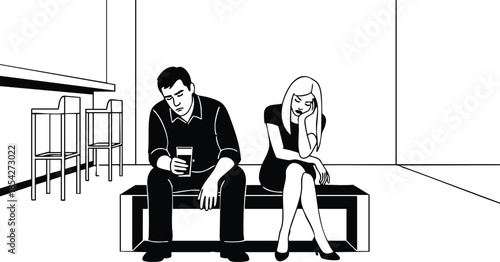 Minimalist line art vector low angle view two adults sitting on bench looking down and away in empty modern cafe interior high contrast dramatic lonely scene