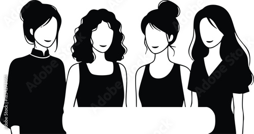 Minimalist flat vector silhouette of four women looking at camera over laptop front view monochrome studio lighting close up composition casual tops varying hairstyles slight smiles