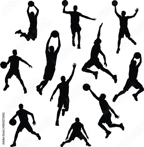 Dynamic Basketball Player Silhouette Set, Featuring Athletes Dribbling, Jumping, Dunking, and Shooting for Sports Graphics, Posters, and Team Logos