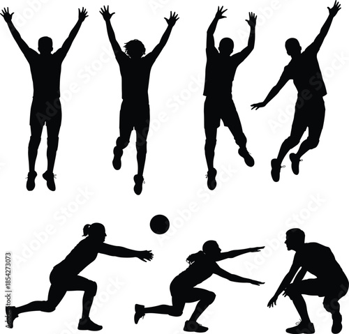 Dynamic Basketball Player Action Silhouette Set, Featuring Athletes Jumping, Dunking, and Dribbling for Sports Posters, Banners, and Team Merchandise Graphics