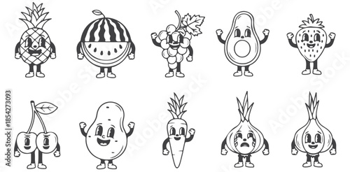 Cute cartoon fruits and vegetables characters illustrations set silhouette