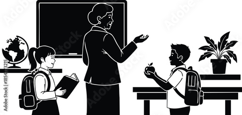 Silhouette vector side view female teacher instructing two school children at classroom blackboard holding book globe on shelf boy offering apple to teacher backpacks visible closeup
