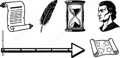 Line art detailed top view collection of vintage inspired icons scroll quill hourglass male bust progress arrow treasure map black ink silhouette minimalist ornate vector illustration
