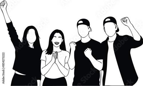 Silhouette vector group of four people raising fists in celebration close up front view minimal black and white smiling looking at camera casual clothing teamwork unity