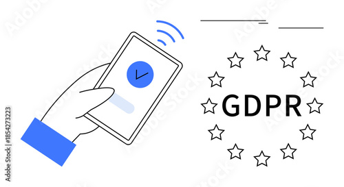 Hand holding smartphone with checkmark showing data consent approval, GDPR emblem encircled by stars. Ideal for data privacy, security, compliance, consent, user rights, policy updates, simple flat