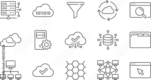 IT, Cloud Computing, and Data Management Line Icons Set, Featuring Server, Binary, Filter, Networking, Database, and Synchronization Symbols, Simple Vector Outline.