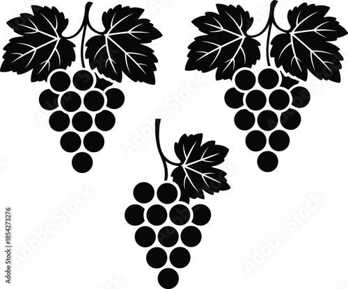 Elegant black silhouette of three grape bunches and vine leaves, perfect vector illustration for wine labels, harvest themes, beverage packaging, and vineyard logos, symbolizing fruitfulness