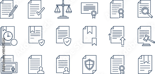 Legal and document line icons set, vector symbols for law, justice, contract, certificate, agreement, and protection. (17 words)