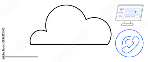Cloud computing, online communication, data storage, cybersecurity, software management, information systems. Minimalistic cloud, computer display and phone icon. Cloud computing and online