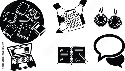 Flat icon set top view round table with stacked books hands signing document two coffee cups open laptop planner and speech bubbles black silhouettes minimalist vector