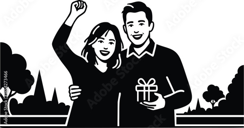 Flat design close up silhouette of smiling couple with arm around and man holding gift in park background eye contact monochrome minimalist portrait front view landscape