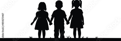 Silhouette vector art three children holding hands side profile standing on grassy ground line minimal black and white composition for logo signage and icon use design