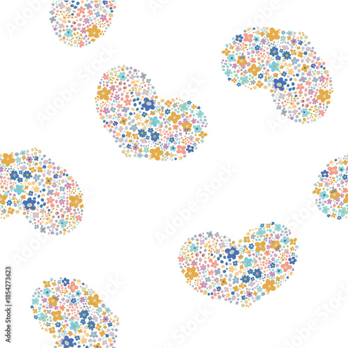 Seamless pattern with heart of flowers, small flowers for children is and women is clothing in vectorr on a white background