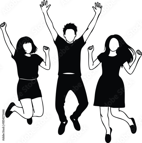 Flat design high contrast silhouette of three young adults jumping with arms raised in celebratory group pose side view minimal black and white vector art composition