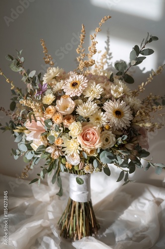 Romantic bridal floral arrangement with peach flowers and eucalyptus leaves close-up.