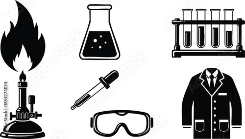 Flat design laboratory icon set with bunsen burner conical flask test tubes pipette goggles and lab coat black silhouette isolated on white background vector art minimal