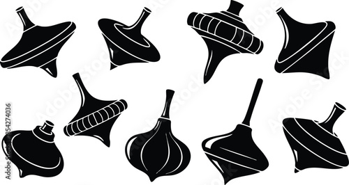 Silhouette vector flat design of multiple vintage spinning tops arranged in scattered pattern black shapes on white background low angle composition high contrast playful study illustration