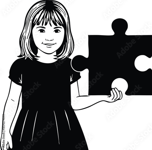 Line art close up smiling little girl looking at camera holding large puzzle piece front view white background high contrast playful illustration for education childhood learning