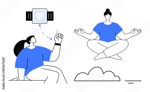 Digital fitness concept. Smartwatch monitoring health integrates seamlessly with yoga practices and mindfulness routines. Digital fitness supports wellness and mindful living. Great for healthcare
