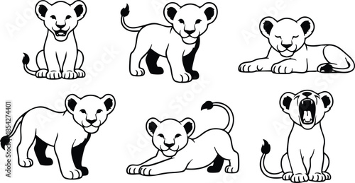Line art black and white outline of six lion cubs in different playful poses sitting walking lying yawning stretching on white background simple minimal vector illustration