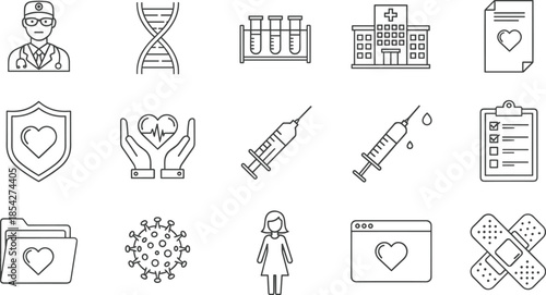 Medical and healthcare vector line icons set including doctor, hospital, DNA, syringe, virus, insurance, patient, and clinical checkup symbols.